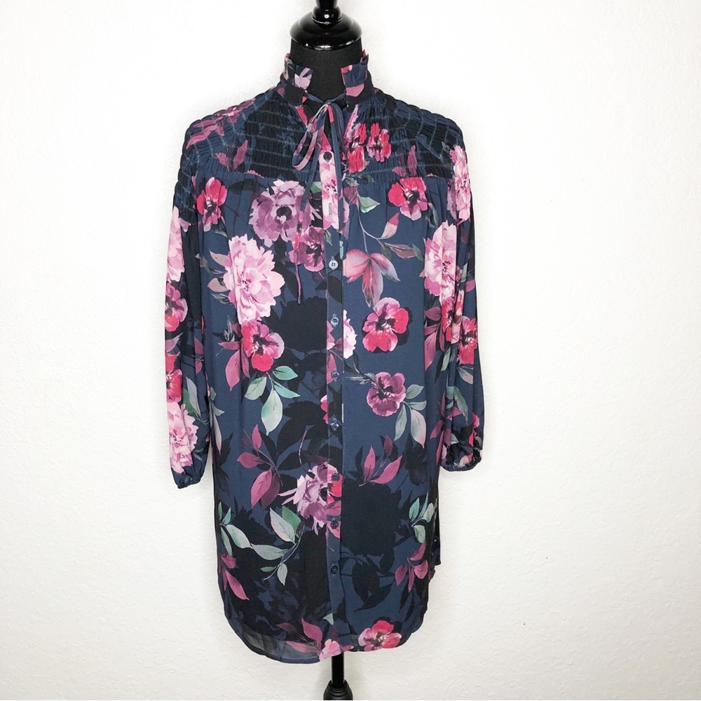 Yumi Kim Rialto Astoria navy blue pink floral tie neck button front dress XS